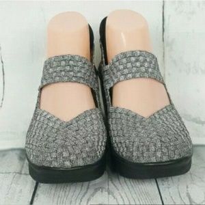 Bernie Mev Silver Halle Mary Jane stretch wedges.